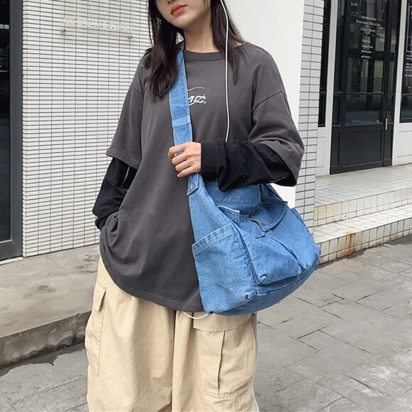 Denim Shoulder Bag Canvas Messenger Bag for Women Men Tote Bag Casual Retro Aest - Picture 3 of 8